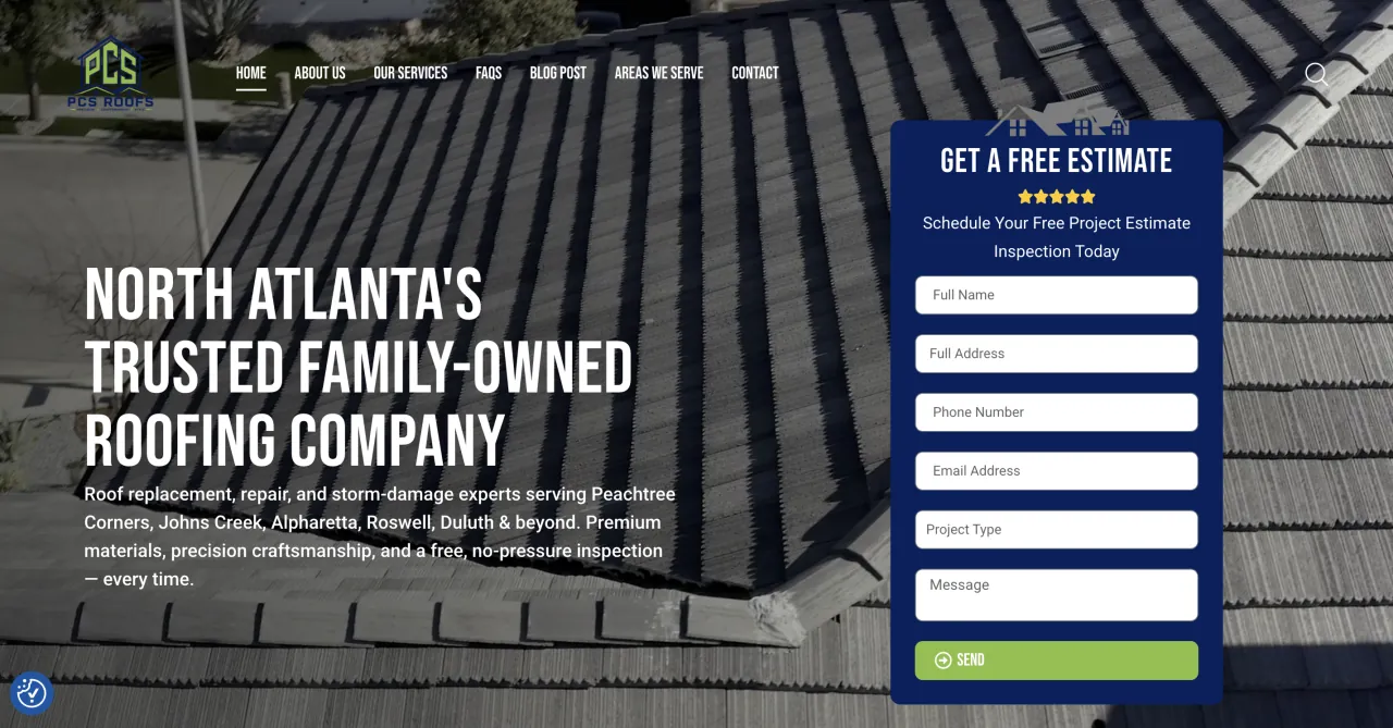 PCSROOF website homepage (opens pcsroofs.com)